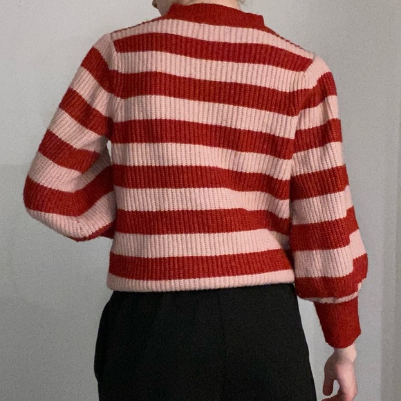 SOLD Halogen Red and Pink Striped Knit Sweater with Flouncy Puff Sleeves Size M - Picture 3 of 3